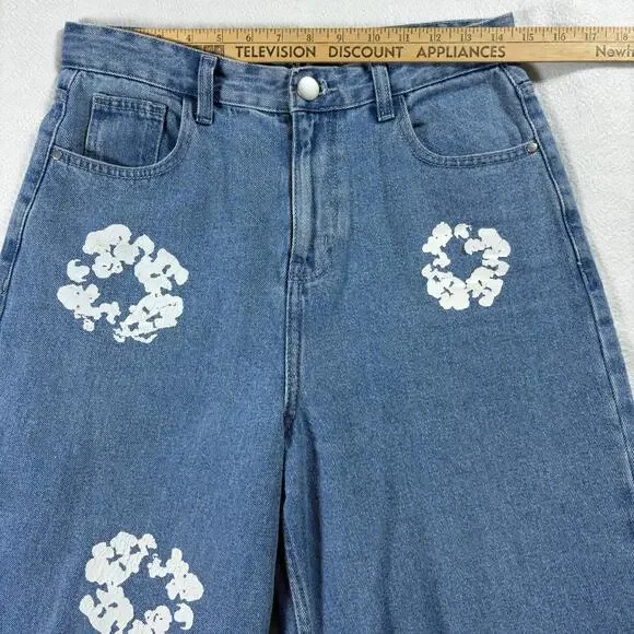 EGO Womens 6 High Rise Wide Leg Painted Floral Medium Wash Denim Jeans Y2K Style - Picture 6 of 8